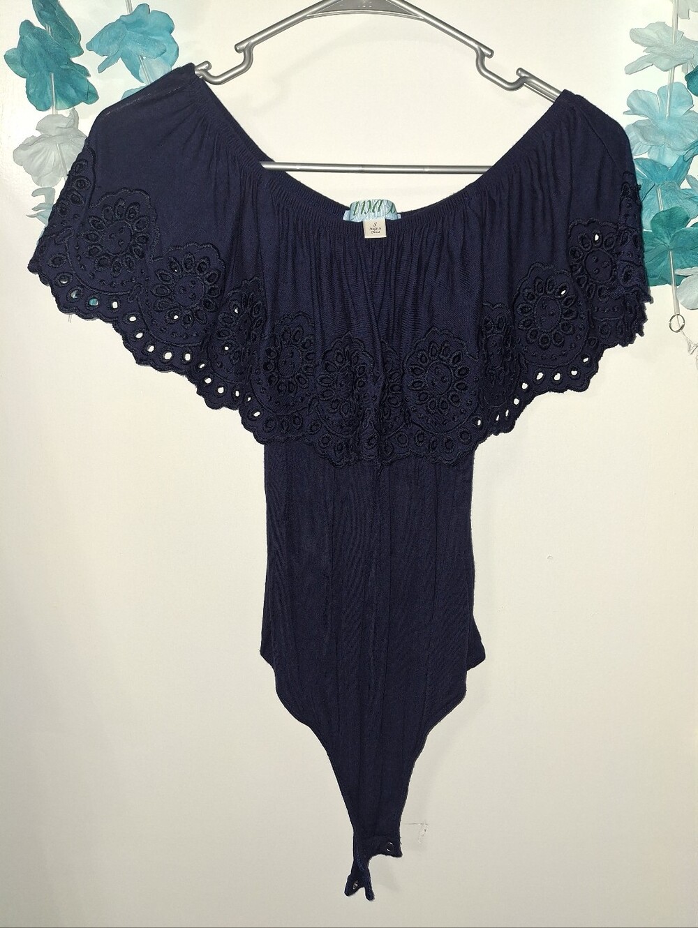 dina be Navy Off-Shoulder Eyelet Bodysuit